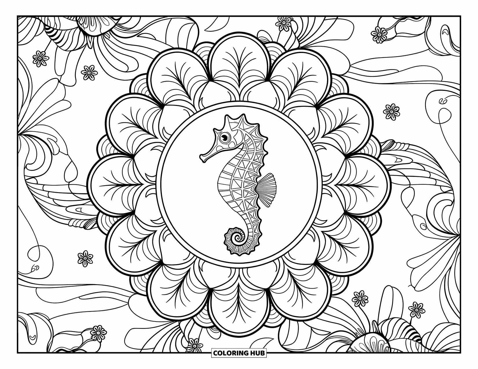 Sea Coloring Page for Adults: Floral mandala with a seahorse in the middle and intricate details
