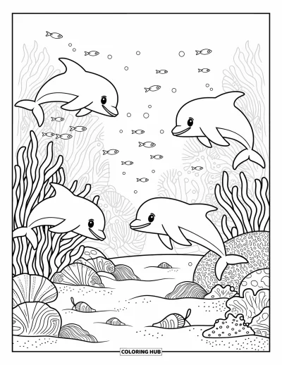 Desenho do mar para colorir para adultos: Grupo de golfinhos nadando ao redor de coral com bolhas e conchas