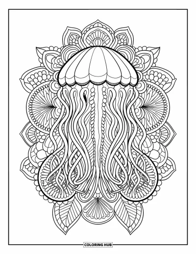 Desenho do mar para colorir para adultos: Água-viva rodeada por padrões de mandala botânica com flores e espirais