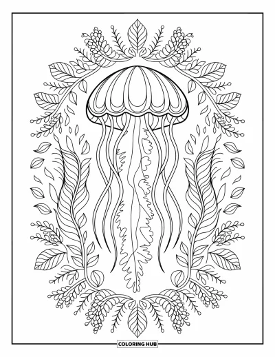 Desenho do mar para colorir para adultos: Água-viva com designs de mandala floral irradiando para fora