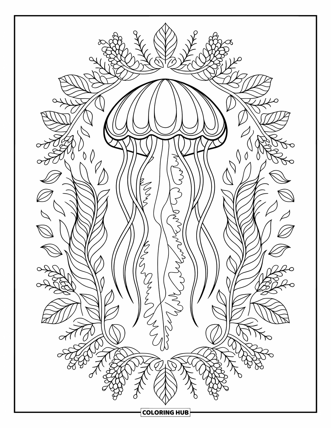 Sea Coloring Page for Adults: Jellyfish with floral mandala designs radiating outward