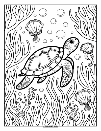 Desenho do mar para colorir para adultos: Tartaruga majestosa deslizando entre algas, cavalos-marinhos e pérolas