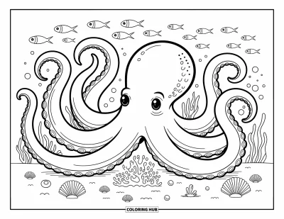 Desenho do mar para colorir para adultos: Polvo com tentáculos enrolados rodeado de pérolas, coral e algas
