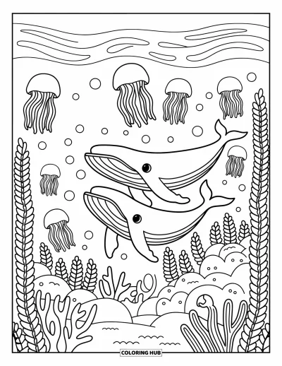 Desenho do mar para colorir para adultos: Par de baleias deslizando com águas-vivas e coral no fundo do oceano