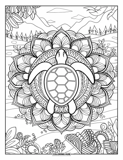 Desenho do mar para colorir para adultos: Tartaruga marinha centralizada em uma mandala botânica com flores e vinhas