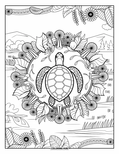 Desenho do mar para colorir para adultos: Tartaruga marinha em uma mandala de plantas, flores e cenas aquáticas