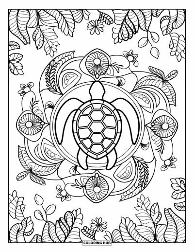 Desenho do mar para colorir para adultos: Tartaruga marinha dentro de uma mandala botânica com tartarugas e detalhes florais
