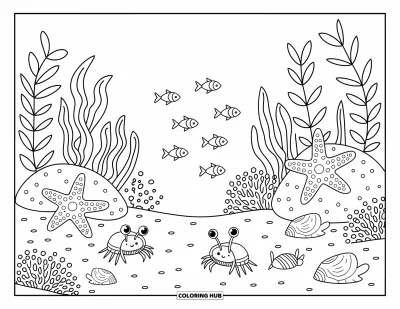 Desenho do mar para colorir para adultos: Cena do fundo do mar com caranguejos eremitas, estrelas-do-mar, conchas e folhas altas de kelp