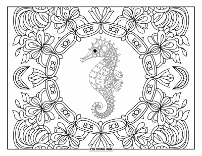 Desenho do mar para colorir para adultos: Cavalo-marinho centralizado em uma mandala floral de flores, folhas e vinhas