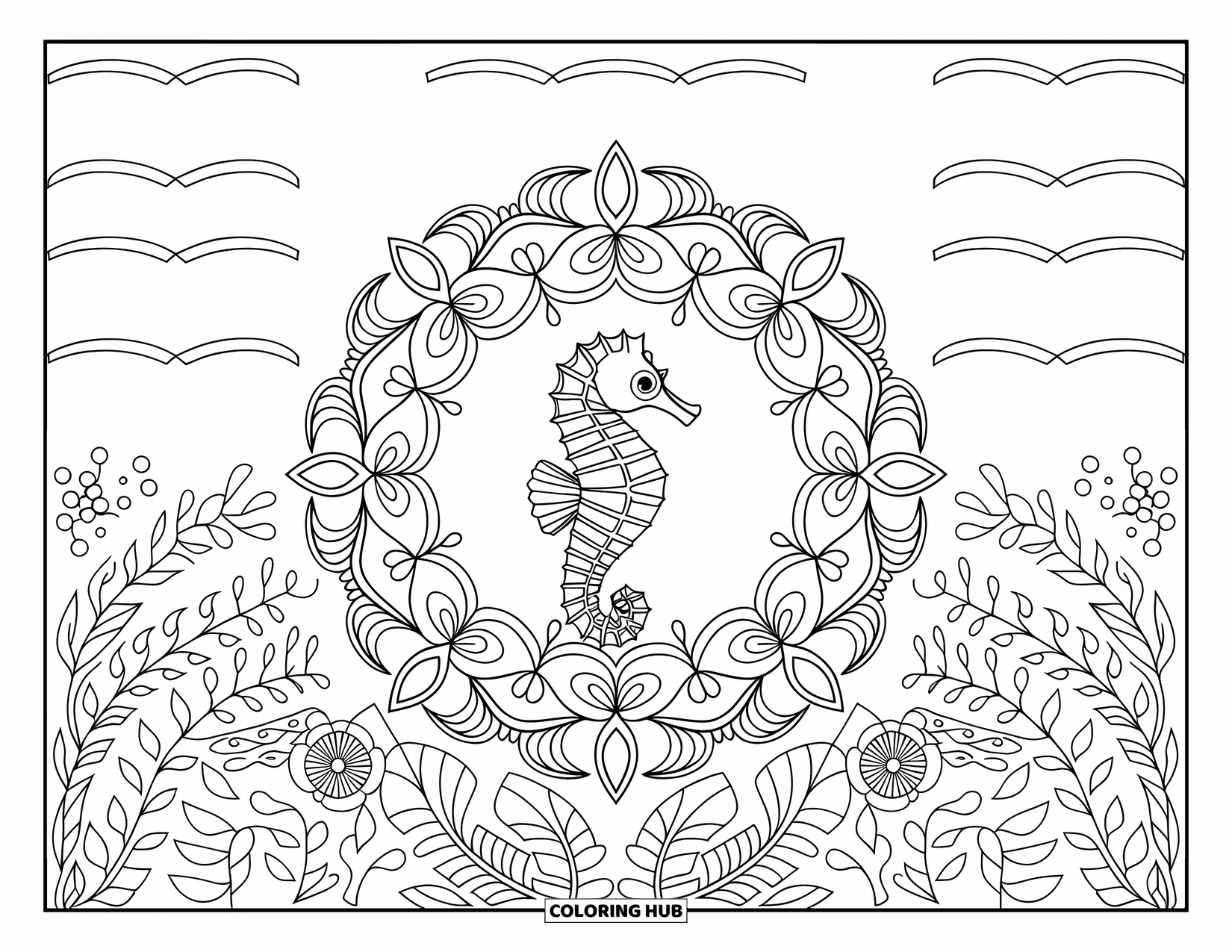 Sea Coloring Page for Adults: Seahorse in a floral mandala with ocean waves in the background
