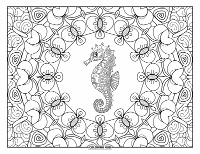 Desenho do mar para colorir para adultos: Cavalo-marinho dentro de uma mandala floral repleta de flores e padrões