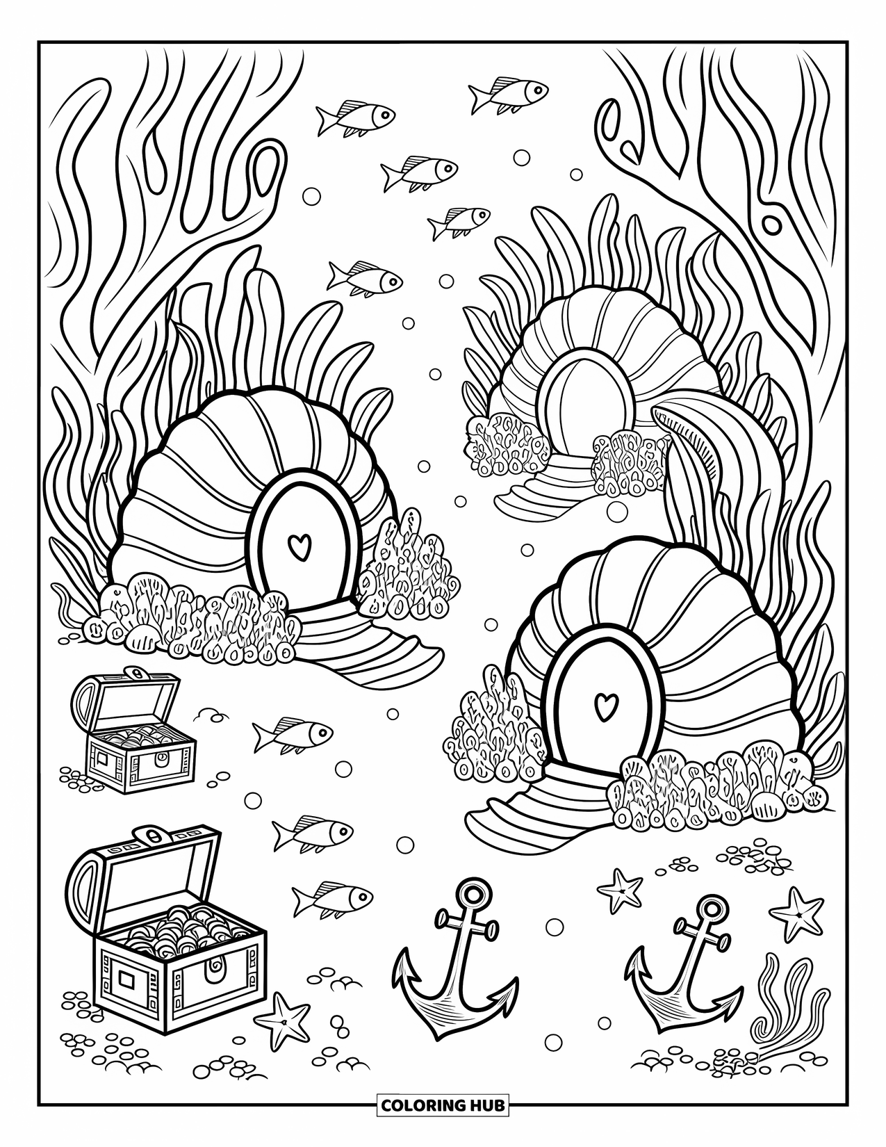 Sea Coloring Page for Adults: Seashell houses and coral arches with treasure chests and starfish