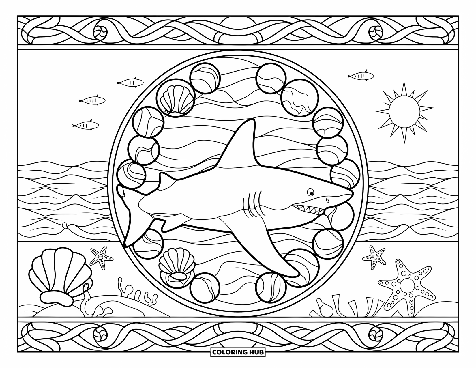 Sea Coloring Page for Adults: Shark framed by stained glass motifs with seashells, waves, and starfish