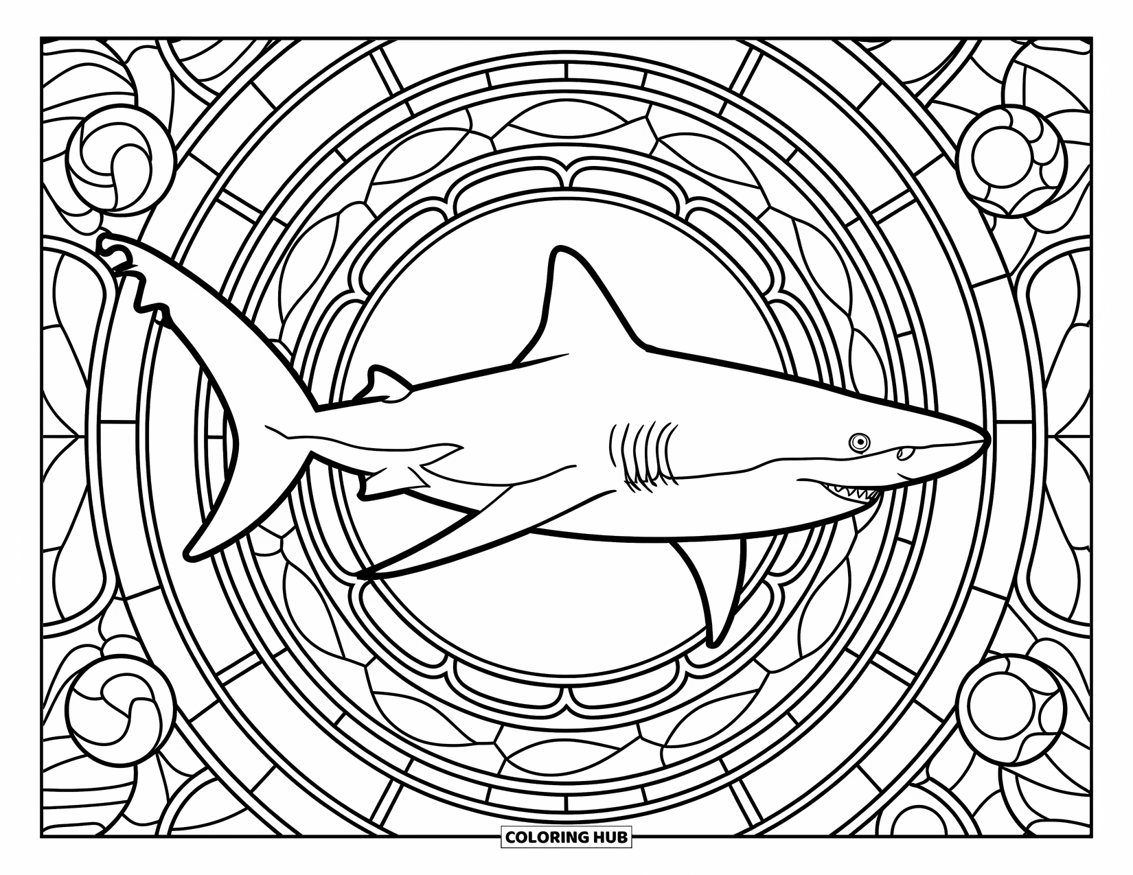 Sea Coloring Page for Adults: Shark in the center of stained glass with decorative borders