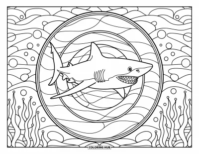 Desenho do mar para colorir para adultos: Tubarão rodeado por padrões de vitral com ondas, plantas e bolhas