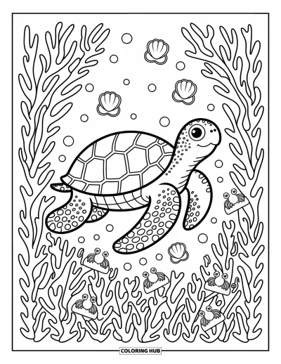 Desenho do mar para colorir para adultos: Tartaruga navegando por floresta de algas com bolhas, conchas e caranguejos pequenos