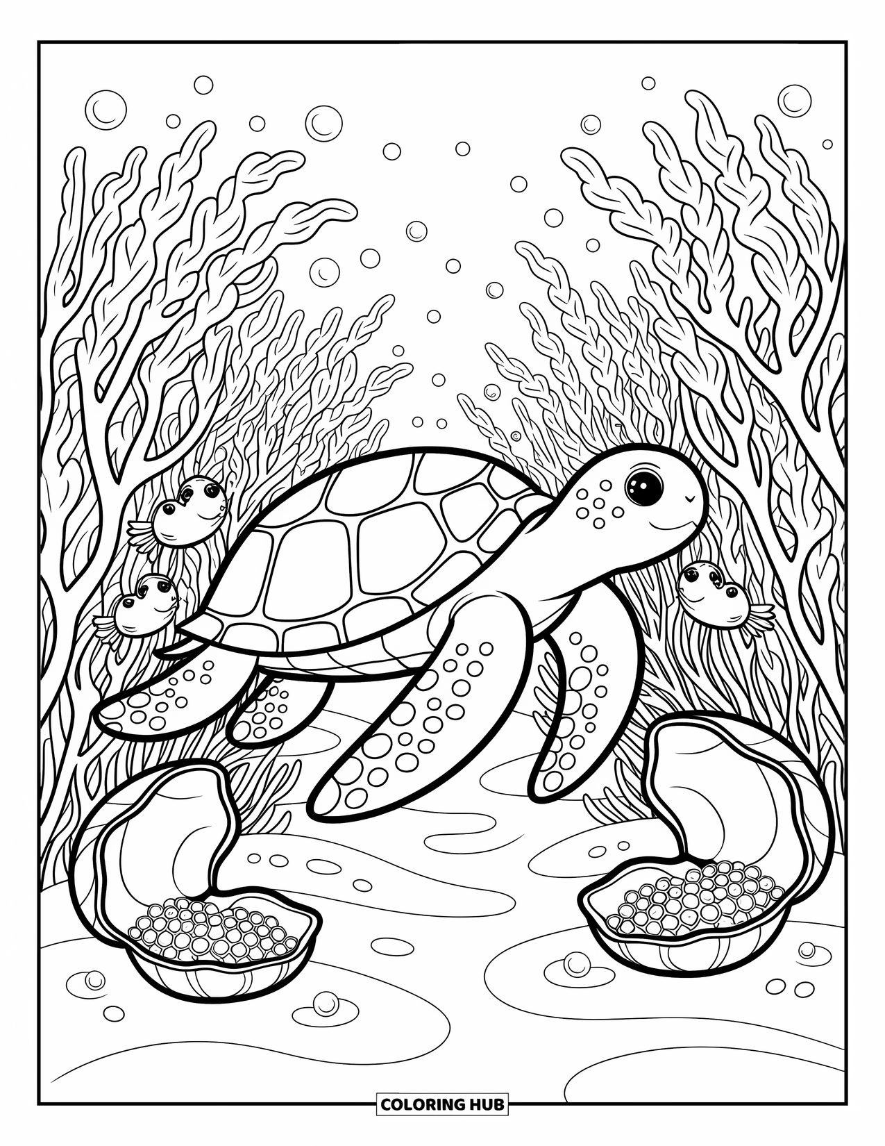 Sea Coloring Page for Adults: Turtle swimming through seaweed with crabs, seahorses, and open shells