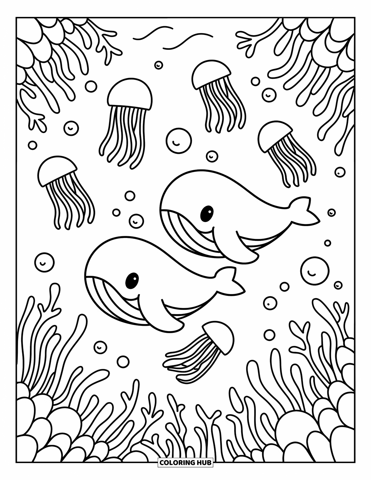 Sea Coloring Page for Adults: Two whales swimming gently with coral, jellyfish, and bubbles