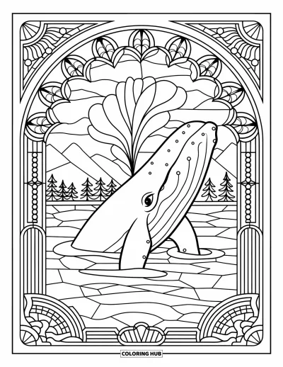 Desenho do mar para colorir para adultos: Baleia esguichando água emoldurada por ornamentados padrões de vitral