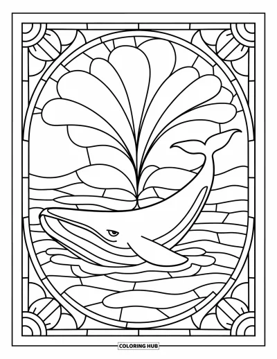 Desenho do mar para colorir para adultos: Baleia esguichando água dentro de formas de vitral com contornos marcantes
