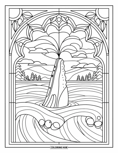 Desenho do mar para colorir para adultos: Baleia esguichando água rodeada por vitral com ondas e montanhas
