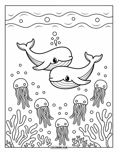 Desenho do mar para colorir para adultos: Baleias nadando lado a lado com coral e águas-vivas à deriva