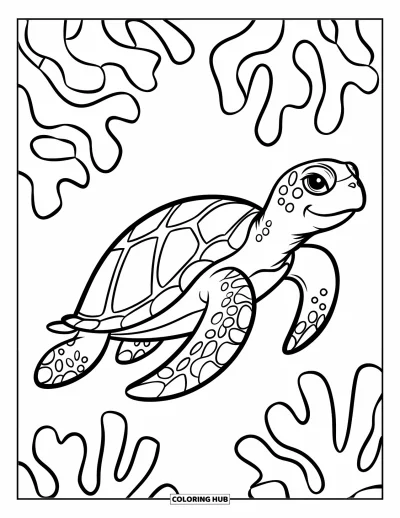 Desenho do mar para colorir para crianças: Grande tartaruga marinha nadando tranquilamente com formas de coral