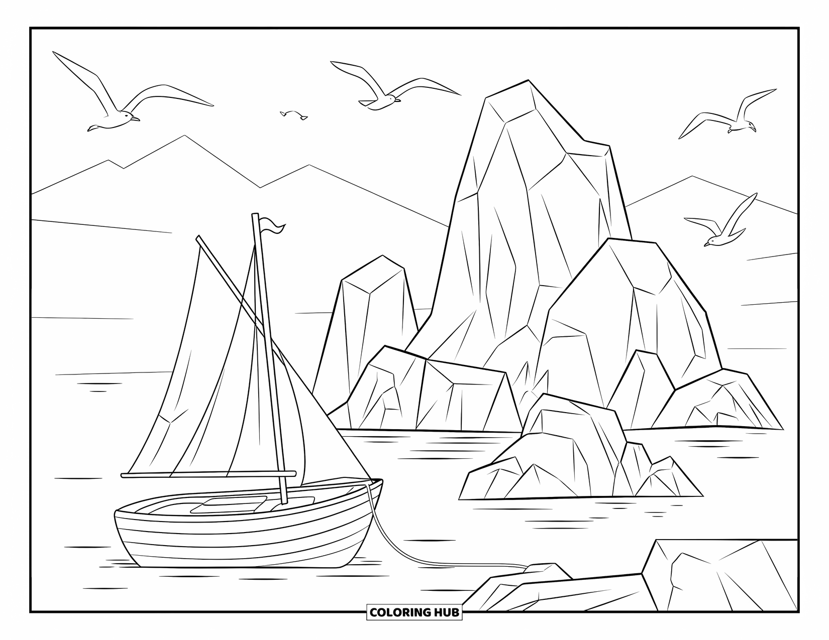 Sea Coloring Page for Kids: Boat near rocky cliffs with seagulls flying overhead