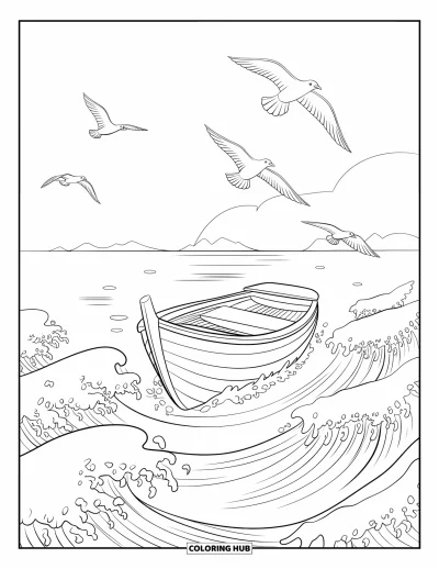Desenho do mar para colorir para crianças: Barco navegando com aves marinhas e vista do horizonte ao longe