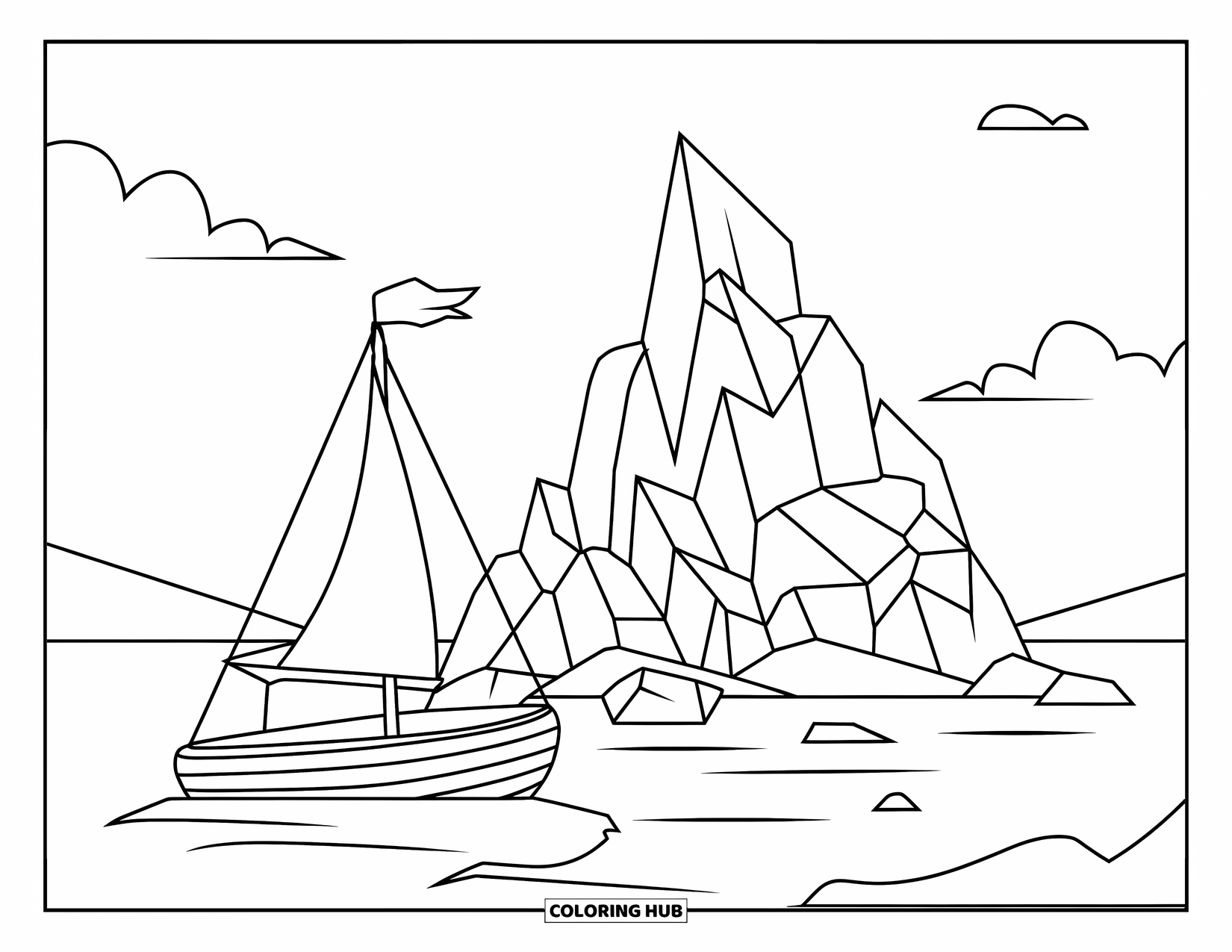 Sea Coloring Page for Kids: Boat tied near sharp rocks of a small island