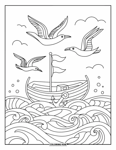 Desenho do mar para colorir para crianças: Barco com âncora e bandeira navegando entre ondas e pássaros