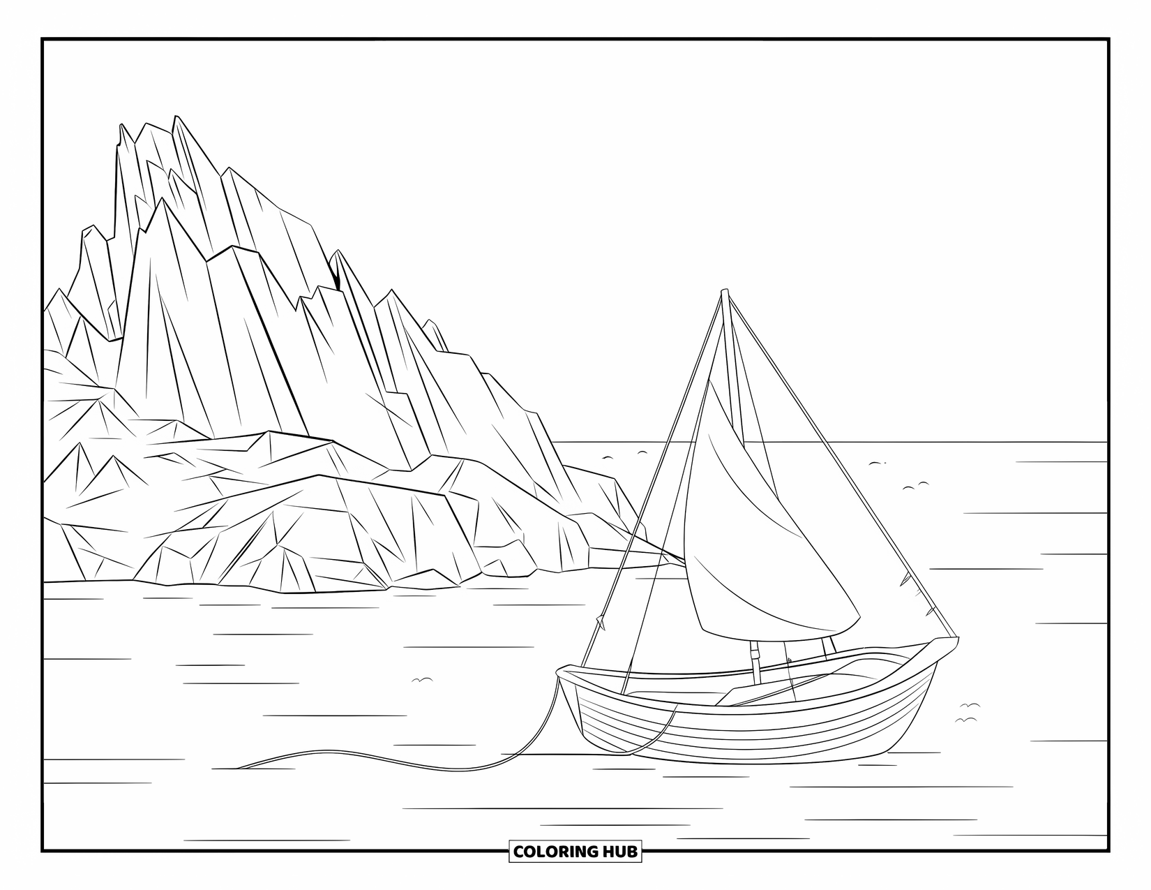 Sea Coloring Page for Kids: Boat with triangular sail tied to a rocky island