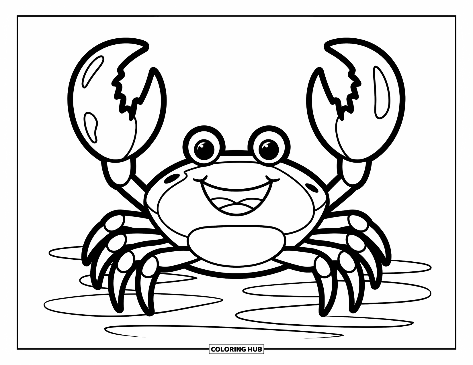 Sea Coloring Page for Kids: Cheerful crab with big claws standing on the sand