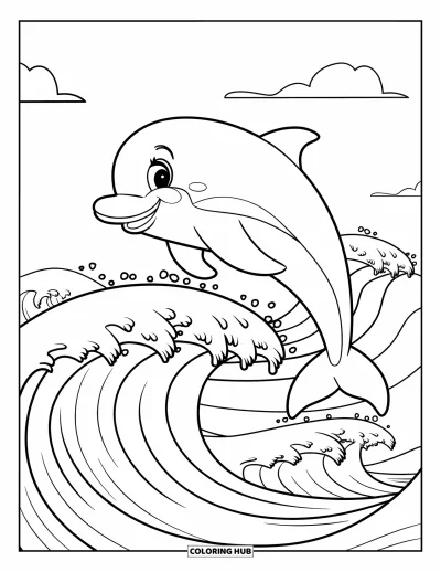 Desenho do mar para colorir para crianças: Golfinho simpático saltando sobre ondas espumosas sob o céu