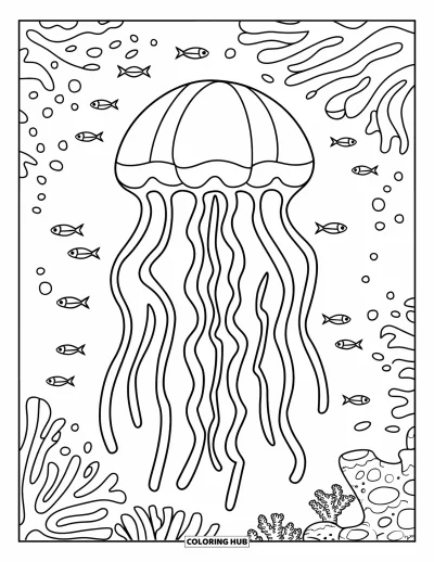 Desenho do mar para colorir para crianças: Água-viva flutuando com peixes e recife de coral embaixo