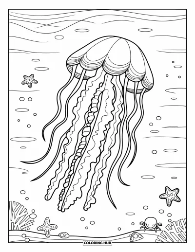 Desenho do mar para colorir para crianças: Água-viva flutuando com estrela-do-mar e caranguejo no fundo