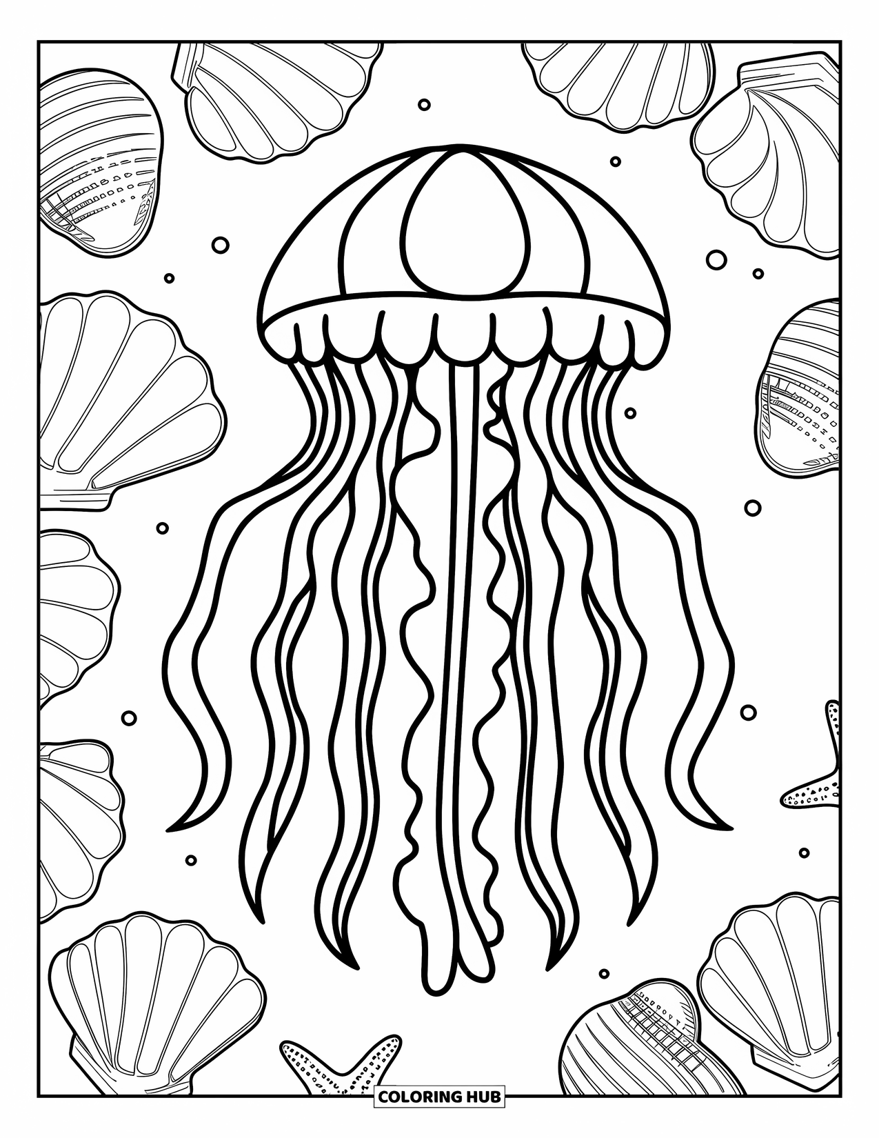 Sea Coloring Page for Kids: Jellyfish with long tentacles floating with seashells and starfish
