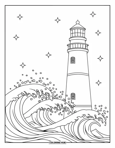 Desenho do mar para colorir para crianças: Farol com ondas espumosas sob um céu estrelado