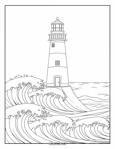 Desenho do mar para colorir para crianças: Farol com ondas abaixo e uma janela perto do topo