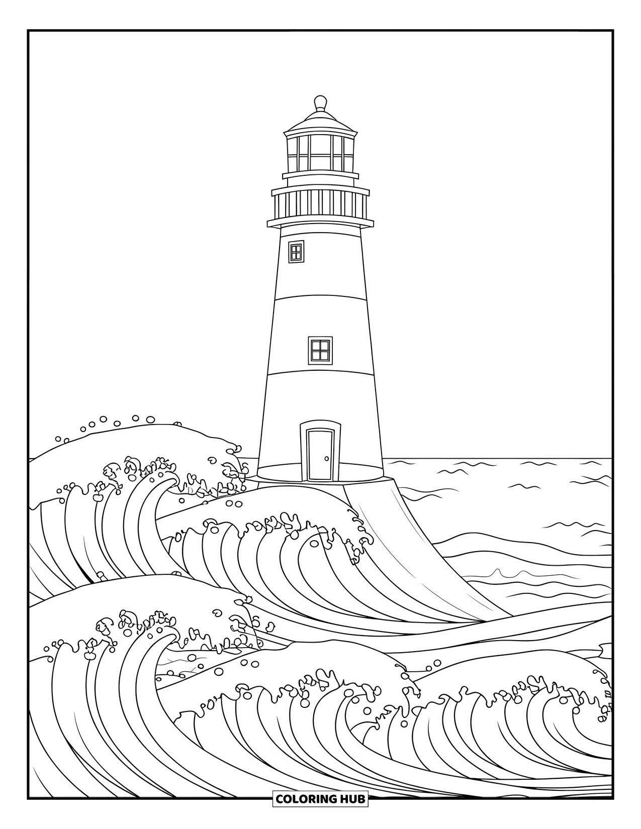 Sea Coloring Page for Kids: Lighthouse with waves below and a window near the top