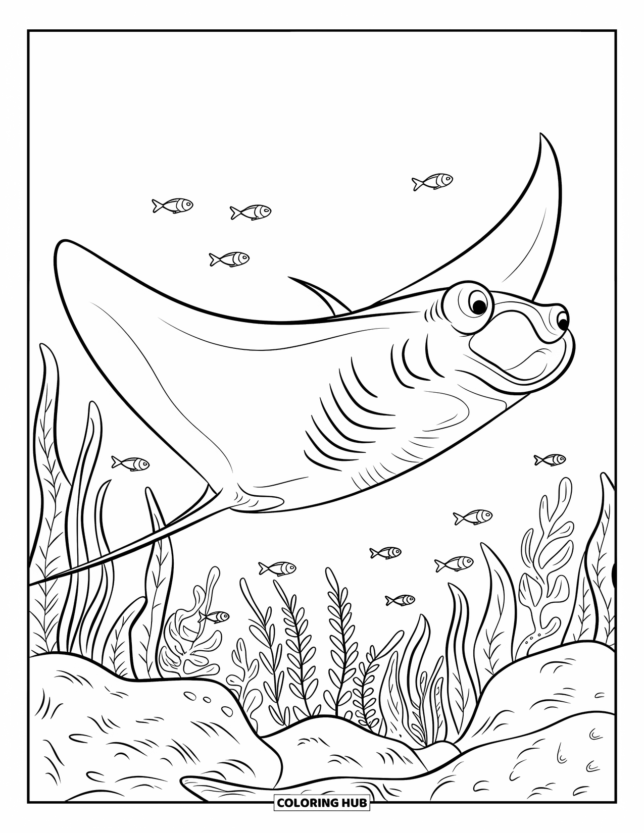 Sea Coloring Page for Kids: Manta ray gliding gracefully with fish, seaweed, and rocks