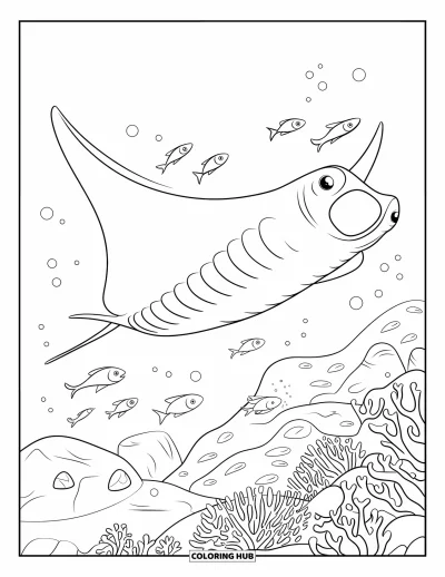 Desenho do mar para colorir para crianças: Arraia nadando acima de recifes de coral e peixes