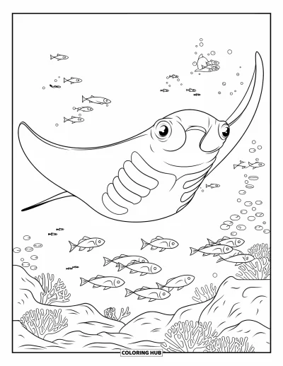 Desenho do mar para colorir para crianças: Arraia com peixes nadando perto de recifes de coral e pedras