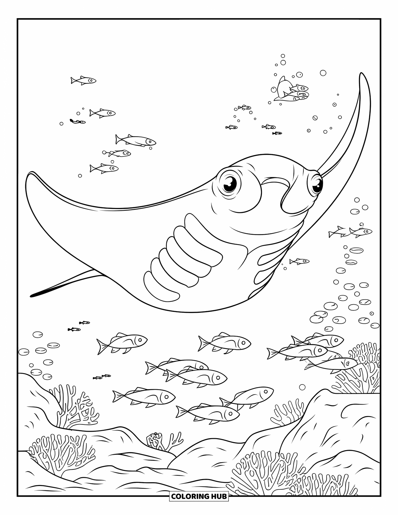 Sea Coloring Page for Kids: Manta ray with fish swimming near coral reefs and rocks