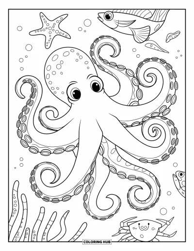 Desenho do mar para colorir para crianças: Polvo flutuando no oceano com peixes e um caranguejo