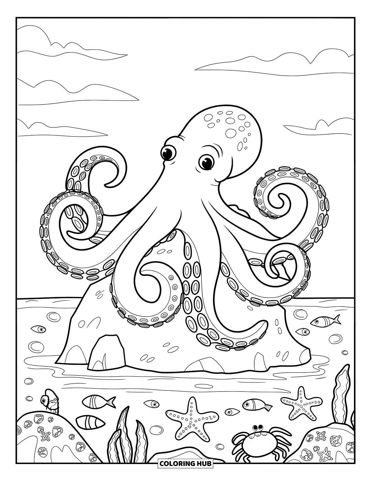 Sea Coloring Page for Kids: Octopus on a rock with fish, starfish, and crabs