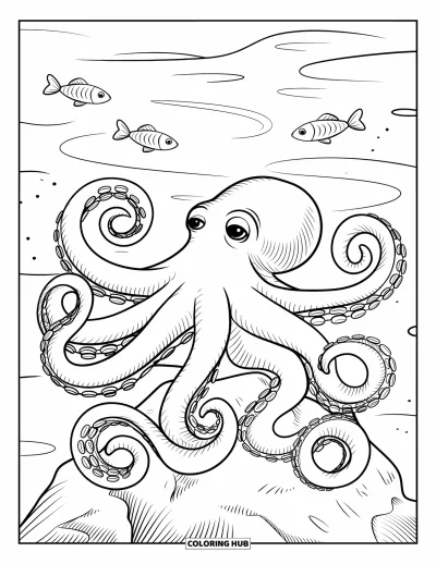 Desenho do mar para colorir para crianças: Polvo sentado em uma pedra com peixes nadando por perto