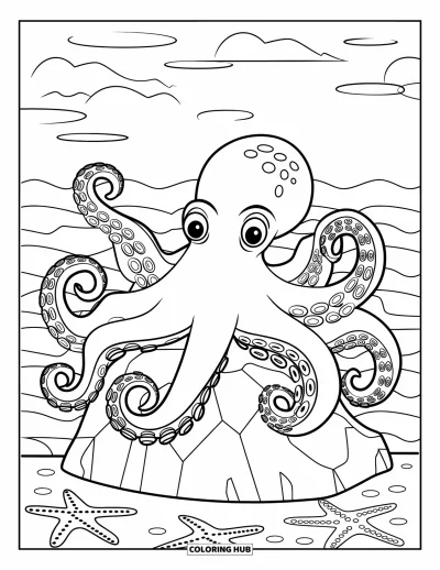 Desenho do mar para colorir para crianças: Polvo com tentáculos enrolados sentado em uma pedra à beira-mar