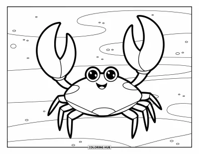 Desenho do mar para colorir para crianças: Caranguejo brincalhão com garras grandes em uma praia de areia