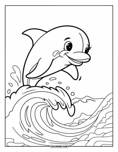 Desenho do mar para colorir para crianças: Golfinho brincalhão pulando alegremente sobre uma onda